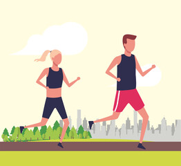 Fototapeta premium young couple running athletes in the park