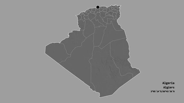 Alger, province of Algeria, with its capital, localized, outlined and zoomed with informative overlays on a bilevel map in the Stereographic projection. Animation 3D
