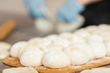 Fototapeta na wymiar Fresh hot baked breads on automated production line bakery. Manufacture industrial