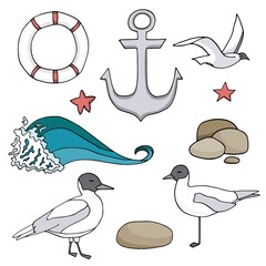 Set of cartoon vector marine elements. Cute anchor, lifebuoy, seagulls, starfish, stones and water wave isolated on white background. Stock illustration for kids, decoration, cards, posters.