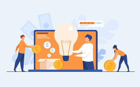 Investment and crowdfunding concept. People investing money to startup project, raising cash for donation on internet. Vector illustration for cooperation, business, sponsor topics