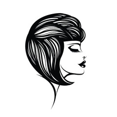 Woman with elegant hairstyle and makeup.Beauty salon and hair studio logo.Cosmetics and spa icon.Profile view young, beautiful girl portrait.Smiling lady face.