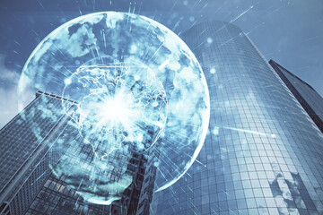 Double exposure of business theme hologram drawing and city veiw background. Concept of success.