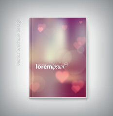 vector brochure cover design, book, poster, flyer, banner, booklet template, with soft blurry bokeh background and hearts