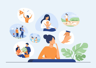 Happy life memories concept. Woman thinking over positive important moments of life experience, child birth, engagement, vacation. Vector illustration for past, personality, achievement topics