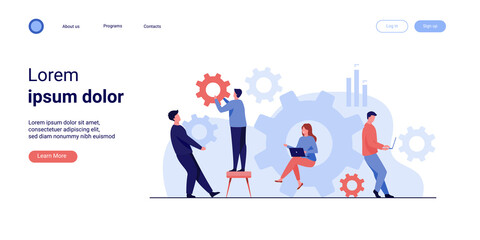 Business team working on cogwheel mechanism together. People carrying gears, using laptops . Vector illustration for teamwork, technology, solution, engineering concept