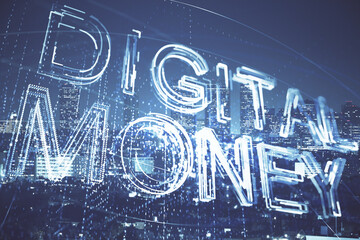 Multi exposure of cryptocurrency theme hologram drawing and city veiw background. Concept of...