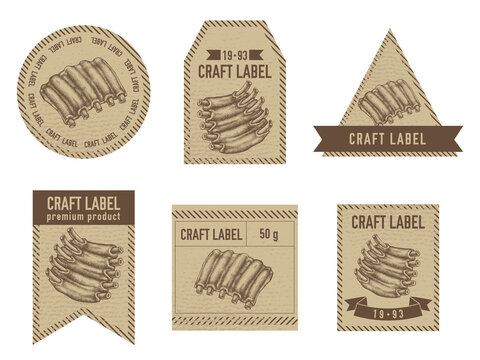 Craft labels vintage design with illustration of Pork ribs