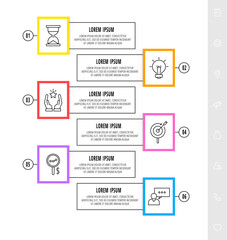 Vector infographics design template with icons. Six steps. Modern line concept can be used for business, web, banner, workflow layout, presentations, flow chart, content, levels. Data visualization.
