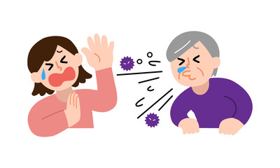 くしゃみするシニア女性と嫌がる私服女性
