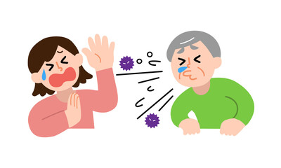 くしゃみする私服男性と嫌がる私服女性