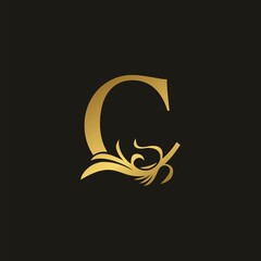 Golden Swirl Ornate Initial Letter C logo icon, vector letter with ornate swirl deco clip art design.