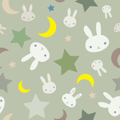 Kids camouflage army seamless pattern design with white bunnies, cute rabbits, stars and moon on green background. Perfect for fabric, textile, kids fashion. Surface pattern design.