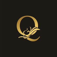 Golden Swirl Ornate Initial Letter Q logo icon, vector letter with ornate swirl deco clip art design.