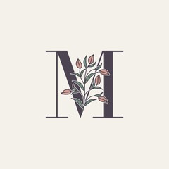 Ornate Initial Letter M logo icon, vector alphabet with flower and natural leaf designs