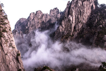 Wonderful and curious sea of clouds and beautiful Huangshan mountain landscape in China. 
