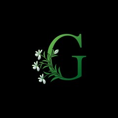 Green Nature Flower Initial Letter G logo icon, vector letter with ornate flower and natural leaf clip art design