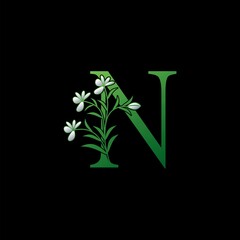 Green Nature Flower Initial Letter N logo icon, vector letter with ornate flower and natural leaf clip art design