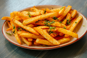 fry potato with red pepper on plate spicy asian food