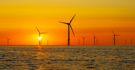 Beautiful sunset at the North Sea offshore wind farm