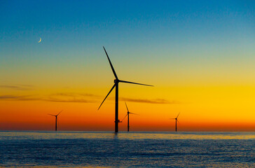 Beautiful sunset at the North Sea offshore wind farm