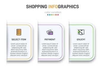 Concept of shopping process with 3 successive steps. Three colorful graphic elements. Timeline design for brochure, presentation, web site. Infographic design layout.