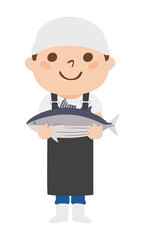 笑顔でカツオを持っている魚屋さんのイラスト。