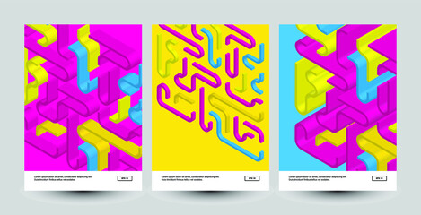 Minimal geometric posters set. Colorful 3D lines patterns.	
