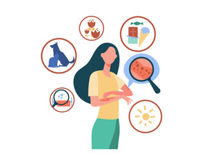 Faceless sad woman suffering from allergy isolated flat vector illustration. Cartoon female character scratching skin with strong eczema. Disease and itching concept