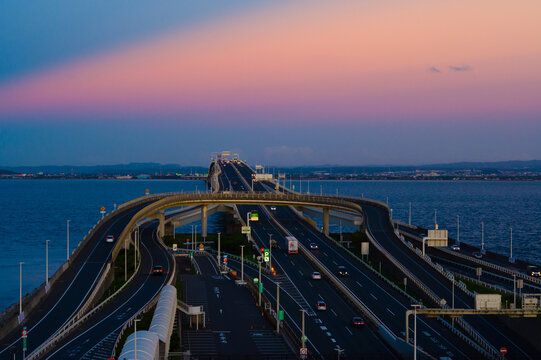 High Angle View Of Bridge Over Sea Against Sky During Sunset