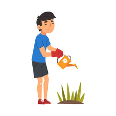 Boy in Gloves Watering Plants with Watering Can, Child Working in Garden or Farm Vector Illustration