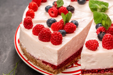 Cold cheesecake with raspberries and raspberry jam, layer. No Bake raspberries Cheese cake