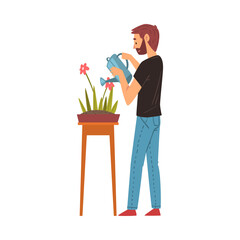 Bearded Man Watering Flower with Watering Can, Guy Enjoying Gardening Vector Illustration