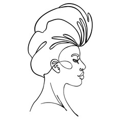Abstract portrait of young African American woman. Continuous one line drawing isolated on white. Vector illustration in simple modern style.