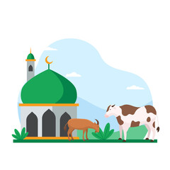 Eid Al Adha islamic holiday the sacrifice of livestock animal poster background design. Cow and goat at mosque courtyard for qurban vector illustration