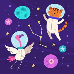 Space vector flat illustration, set of elements, stickers, icons. Tiger and flamingo in space suits, stars,planets, asteroid. Astronaut. Galaxy, science. Futuristic. Isolated on background.