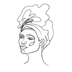 Abstract portrait of young African American woman. Continuous one line drawing isolated on white. Vector illustration in simple modern style.