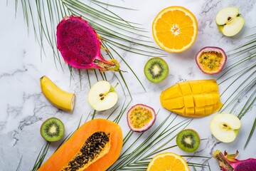 Exotic fruits and tropical leaves on table