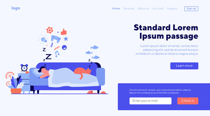 Young man sleeping on sofa with cat isolated flat vector illustration. Cartoon character dreaming under duvet at night. Nighttime and comfort concept