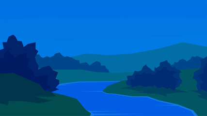 vector illustration, abstract evening landscape, river, bush, forest, hill