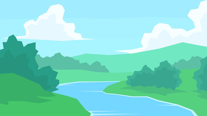 vector illustration, abstract landscape, river, bush, forest, hill, cloud