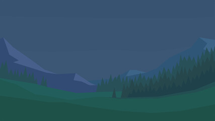 vector illustration, abstract night landscape, spruce forest, plain, trees, clear sky, mountains