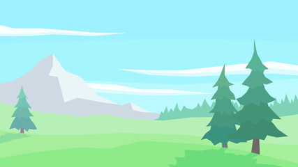 vector illustration, abstract landscape, spruce forest, clouds, pick, mountain, plain