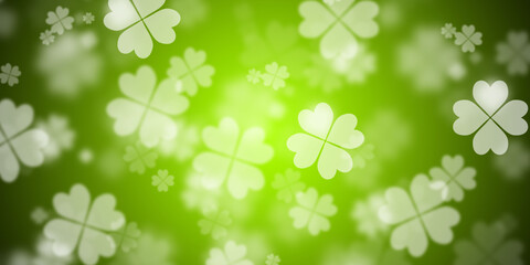 Abstract yellow green background with flying four leaf clovers