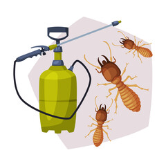 Sprayer Bottle of Termite Insect Insecticide, Pest Control Service, Detecting and Exterminating Insects Vector Illustration