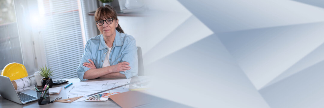 Portrait of middle aged female architect; panoramic banner
