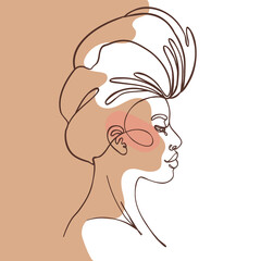 Abstract portrait of young African American woman. Continuous one line drawing isolated on white. Vector illustration in simple modern style.