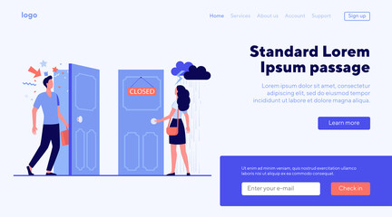 Woman standing in rain and thunderstorm at close door. Man coming by open door with festive confetti. Vector illustration for gender inequality, business discrimination, social issues concept