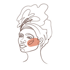 Abstract portrait of young African American woman. Continuous one line drawing isolated on white. Vector illustration in simple modern style.