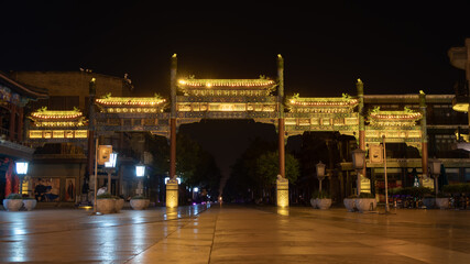 Fototapeta na wymiar Zhengyang Gate at night. Eaves of traditional oriental ancient buildings, close to Tiananmen Square , large square near the center of Beijing, Gate of Heavenly Peace, Forbidden City.